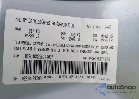 2006 Dodge Stratus Sxt z USA, uszkodzony, nr VIN 1B3EL46X26N144087